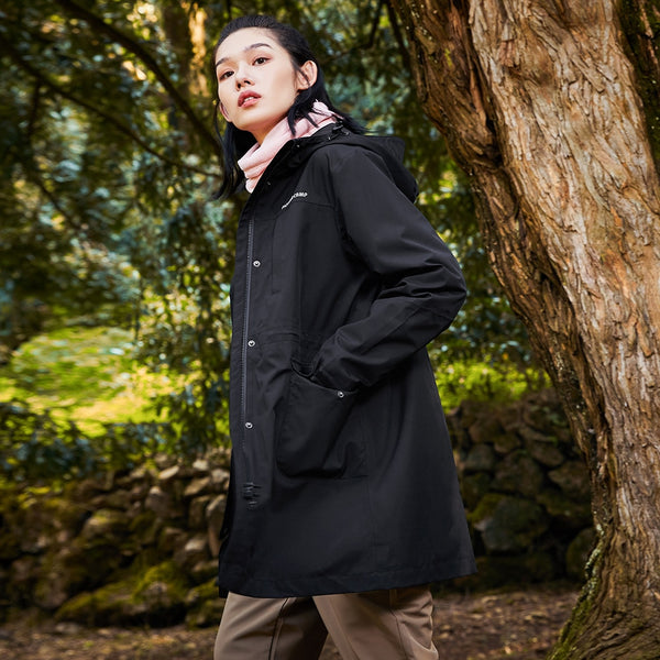 Une femme pose en forêt. Elle porte une veste imperméable mi-longue coupe-vent noire. Elle porte aussi un pantalon marron et une écharpe rose.